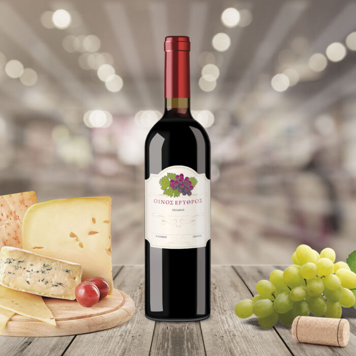 Ετικετα αυτοκόλλητη για φιάλη ερυθρού οίνου. Πιατέλα με τυρι, λευκό σταφύλλι.