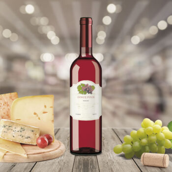 Ετικέτα αυτοκόλλητη για φιάλη ροζέ οίνου. Πιετέλα με τυρία, λευκό σταφύλι.