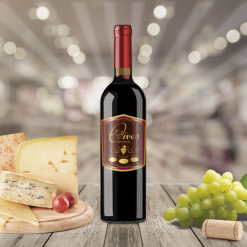 Ετικετα αυτοκόλλητη σε σχήμα τσέπης για φιάλη ερυθρού οίνου. Πιατέλα με τυρί, λευκό σταφύλι.