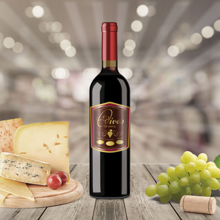 Ετικετα αυτοκόλλητη σε σχήμα τσέπης για φιάλη ερυθρού οίνου. Πιατέλα με τυρί, λευκό σταφύλι.