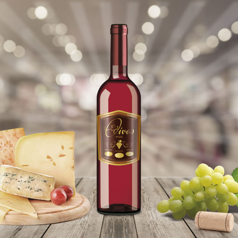 Ετικέτα αυτοκόλλητη σε σχήμα τσέπης για φιάλη ροζέ οίνου. Πιατέλα με τυρί, λευκό σταφύλι.