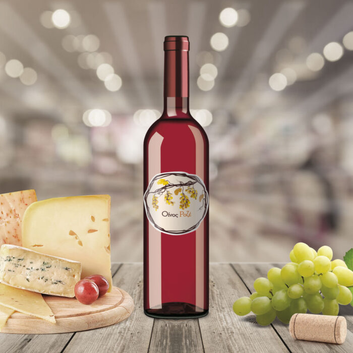 6WL-RRo-bottle Ετικέτα αυτοκόλλητη για φιάλη ροζέ οίνου, στρογγυλό σχήμα. Πιατέλα με τυριά, λευκό σταφύλι.