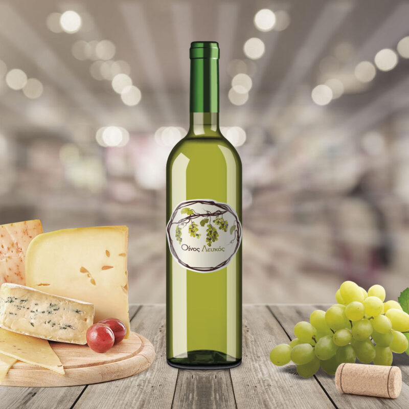 Ετικέτα αυτοκόλλητη για φιάλη ερυθρού οίνου, στρογγυλό σχήμα. Πιατέλα με τυριά, λευκό σταφύλι.