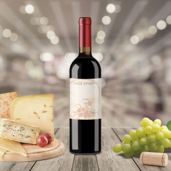 Ετικέτα αυτοκόλλητη για φιάλη ερυθρού οίνου, τετράγωνη. Πιατέλα με τυρία, λευκό σταφύλι.