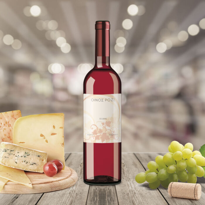 6WL-TRo-bottlel Ετικέτα αυτοκόλλητη για φιάλη ροζέ οίνου, τετράγωνη. Πιατέλα με τυρία, λευκό σταφύλι.