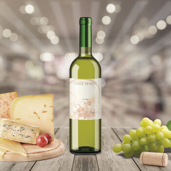 Ετικέτα αυτοκόλλητη για φιάλη λευκού οίνου, τετράγωνη. Πιατέλα με τυρία, λευκό σταφύλι.