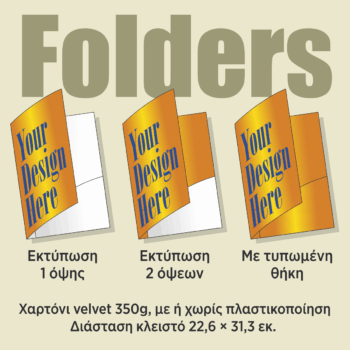 Η εικόνα δείχνει τρεις εκδοχές του φόλντερ, με εκτύπωση μιας ή δύο όψεων και με εκτύπωση και στη θήκη.