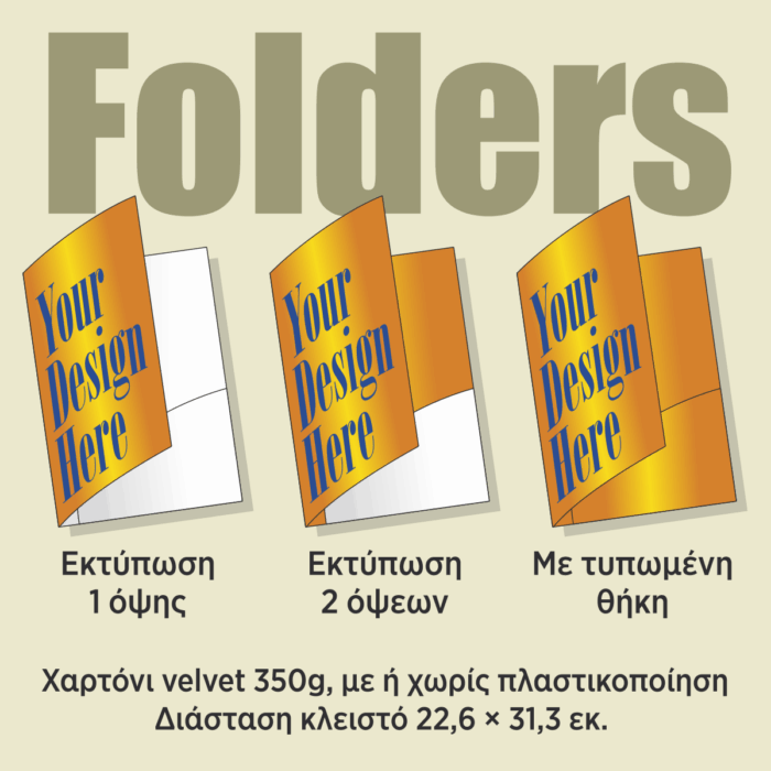 Η εικόνα δείχνει τρεις εκδοχές του φόλντερ, με εκτύπωση μιας ή δύο όψεων και με εκτύπωση και στη θήκη.
