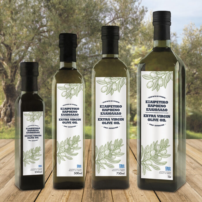 EVOO Marasca bottles αυτοκόλλητες ετικέτες για συσκευασία ελαιολάδοτ με πράσσινα γραμμικά φυλλαράκια ελίας