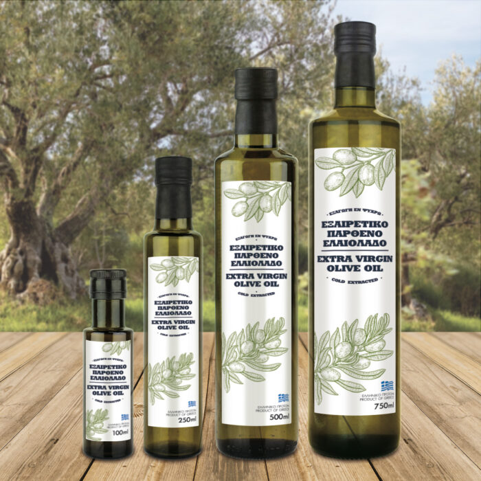 Αυτοκόλλητη ετικέτα ελαιολάδου για φιάλη Dorica με σχέδιο κλαδιού ελιάς σε ανοιχτό πράσινο