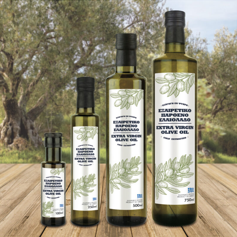 Αυτοκόλλητη ετικέτα ελαιολάδου για φιάλη Dorica με σχέδιο κλαδιού ελιάς σε ανοιχτό πράσινο