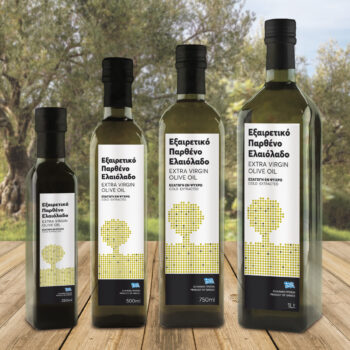 Ετικέτες ελαιολάδου σε τέσσερεις διαστάσεις με χρυσάφι μοντέρνο και αφηρημένο σχέδιο δέντρου ελιάς.