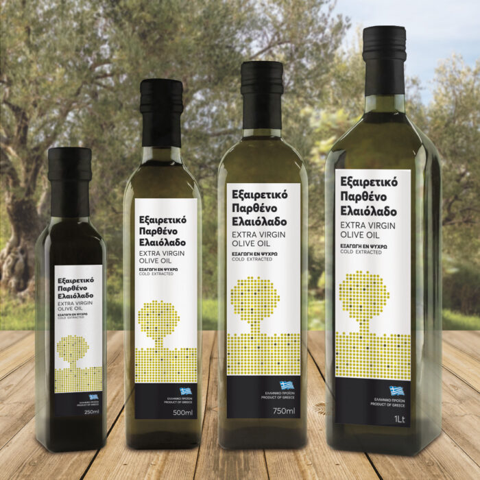 Αυτοκόλλητη ετικέτα ελαιολάδου marasca Ετικέτες ελαιολάδου σε τέσσερεις διαστάσεις με χρυσάφι μοντέρνο και αφηρημένο σχέδιο δέντρου ελιάς.