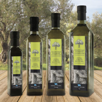 Τέσσερις αυτοκόλλητες ετικέτες ελαιολάδου σε διαφορετικές διαστάσεις, με φωτογραφία κορμού ελιάς, πράσινη λεζάντα με τα στοιχεία του προϊόντος και μικρή ελιά στο κέντρο