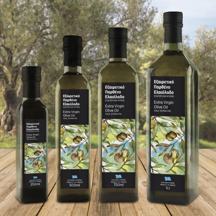 Αυτοκόλλητες ετικέτες Marasca Φιάλες ελαιολάδου σε διαφορετικές διαστάσεις, με καλλιτεχνικό σχέδιο πολύχρωμων ελιών σε ύφος πίνακα ζωγραφικής.