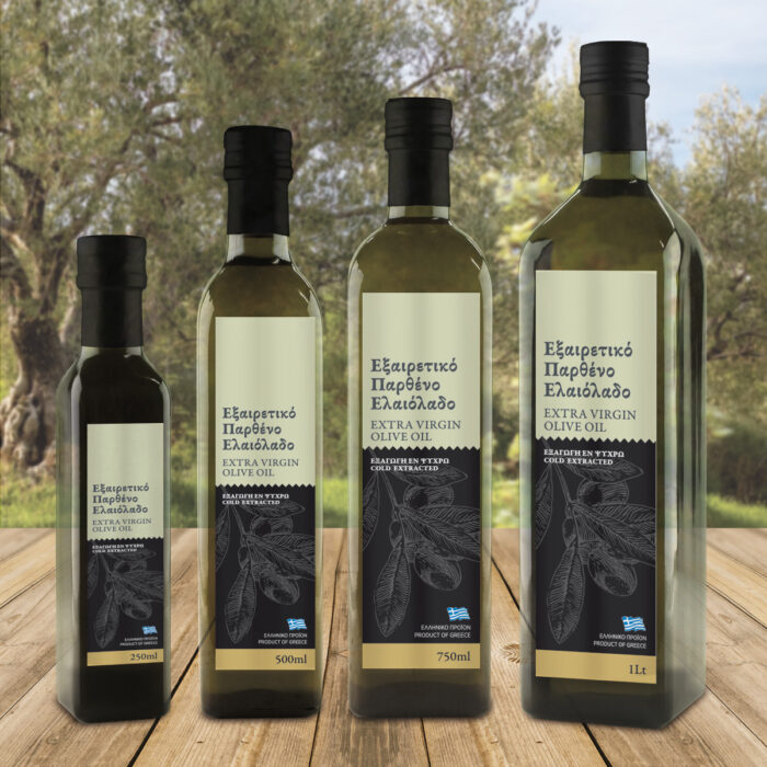 Αυτοκόλλητες ετικέτες ελαιολάδου με φόντο λαδί και μαύρο· η μαύρη πλευρά φιλοξενεί χαραγμένο φύλλο ελιάς σε γκρι απόχρωση.