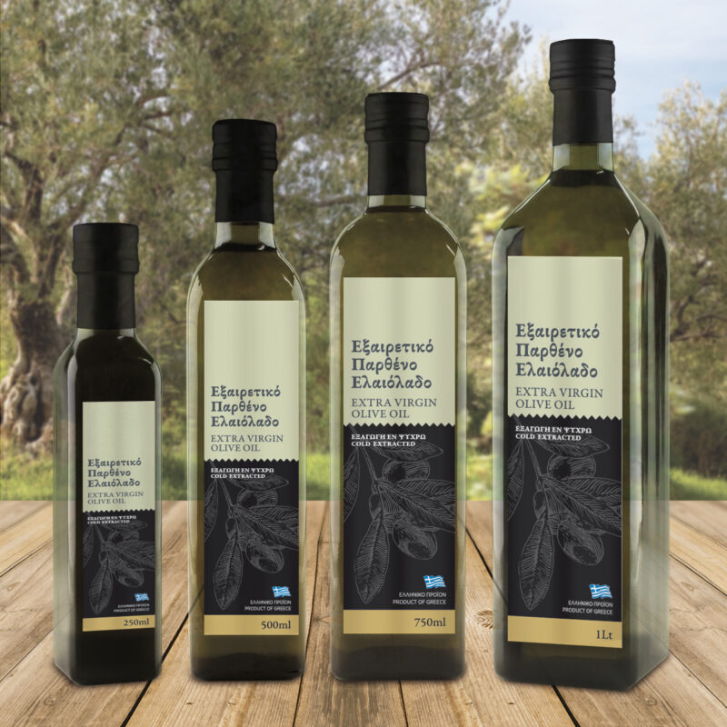 Αυτοκόλλητες ετικέτες ελαιολάδου με φόντο λαδί και μαύρο· η μαύρη πλευρά φιλοξενεί χαραγμένο φύλλο ελιάς σε γκρι απόχρωση.