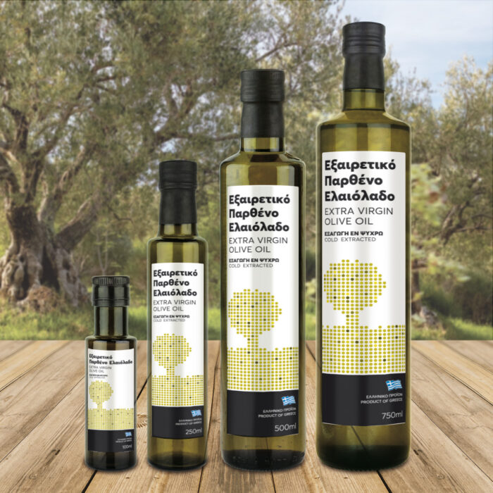 Ετικέτες ελαιολάδου σε τέσσερεις διαστάσεις με χρυσάφι μοντέρνο και αφηρημένο σχέδιο δέντρου ελιάς.