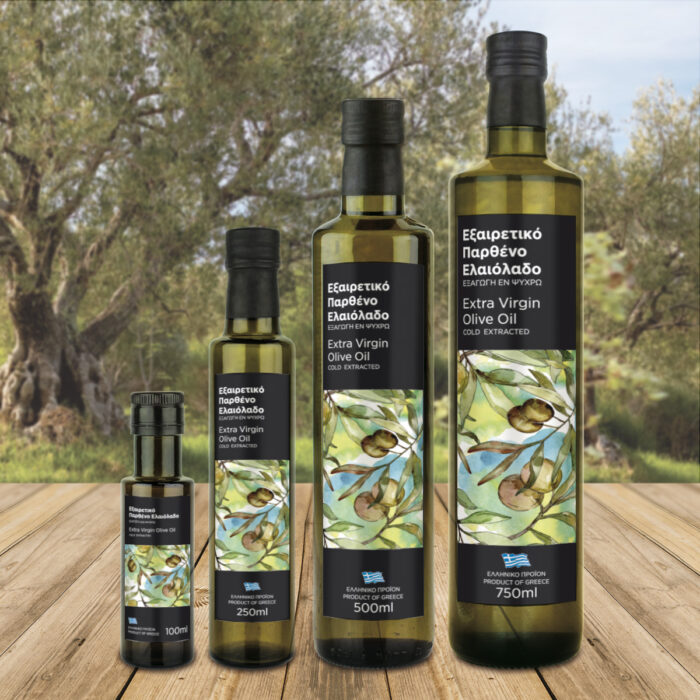 αυτοκόλλητες ετικέτες dorica "Αυτοκόλλητες ετικέτες για ελαιόλαδο σε διαφορετικές διαστάσεις, με καλλιτεχνικό σχέδιο πολύχρωμων ελιών σε ύφος πίνακα ζωγραφικής."