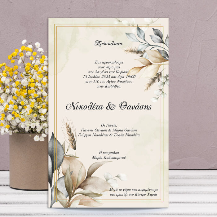 Πρόσκληση γάμου boho με floral λεπτομέρειες και χρυσό γεωμετρικό σχέδιο σε παστέλ φόντο