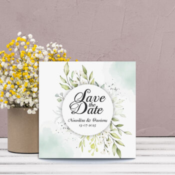 Τετράγωνο προσκλητήριο γάμου σε πράσινες αποχρώσεις, με στρογγυλό πλαίσιο από φύλλα στο κέντρο, μέσα στο οποίο αναγράφεται η φράση "save the date".