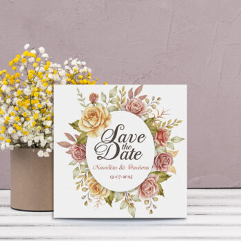 t: Πρόσκληση γάμου με στεφάνι από ανοιξιάτικα λουλούδια και στο κέντρο η φράση "save the date".