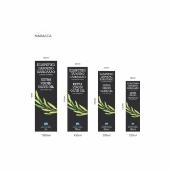 Ετικέτες ελαιολάδου σε μαύρο φόντο με λευκά γράμματα και πράσσινα φύλλα ελιάς στην μέση