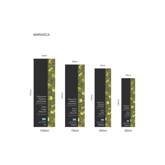 Ετικέτα εξαιρετικά παρθένου ελαιολάδου M008 Αυτοκόλλητες ετικέτες για ελαιόλαδο σε διαφορετικές διαστάσεις· η μία πλευρά είναι μαύρη με τις πληροφορίες του προϊόντος, ενώ δίπλα υπάρχει στενή λωρίδα με ζωγραφιστές ελιές σε καλλιτεχνικό ύφος.