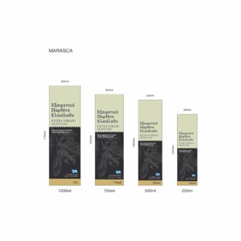 Αυτοκόλλητες ετικέτες ελαιολάδου με φόντο λαδί και μαύρο· η μαύρη πλευρά φιλοξενεί χαραγμένο φύλλο ελιάς σε γκρι απόχρωση.