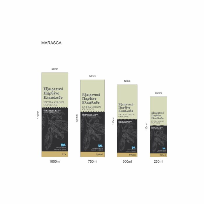 Αυτοκόλλητες ετικέτες ελαιολάδου με φόντο λαδί και μαύρο· η μαύρη πλευρά φιλοξενεί χαραγμένο φύλλο ελιάς σε γκρι απόχρωση.