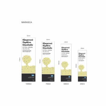 Ετικέτες ελαιολάδου σε τέσσερεις διαστάσεις με χρυσάφι μοντέρνο και αφηρημένο σχέδιο δέντρου ελιάς.