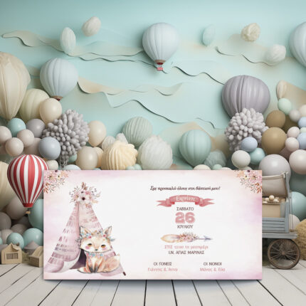 Σχέδιο προσκλητηρίου βάπτισης με γλυκιά αλεπουδίτσα μπροστά από σκηνή, σε παστέλ ροζ φόντο