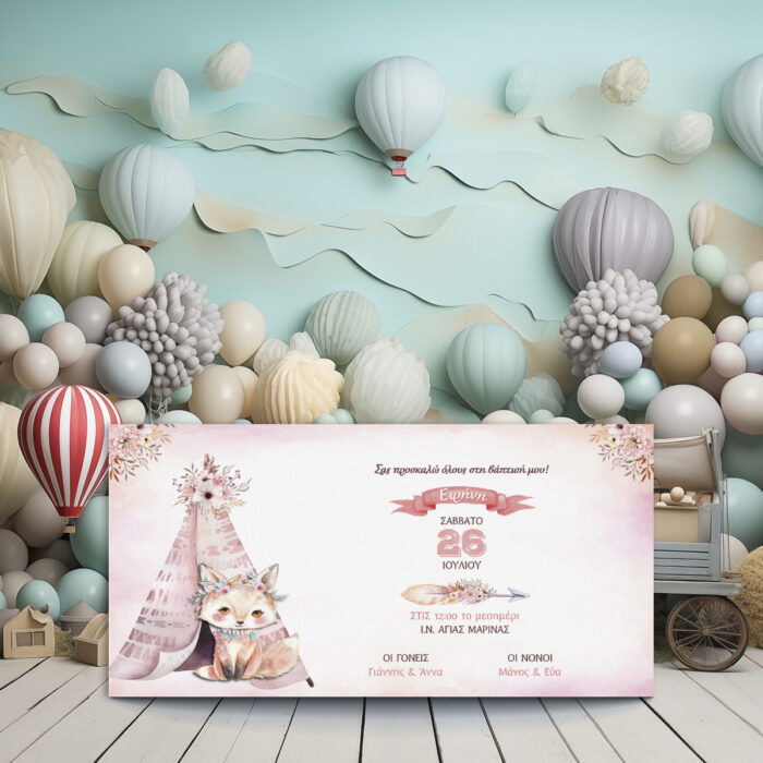 Σχέδιο προσκλητηρίου βάπτισης με γλυκιά αλεπουδίτσα μπροστά από σκηνή, σε παστέλ ροζ φόντο