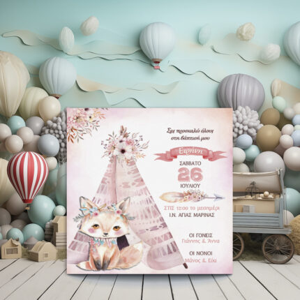 Εικονογράφηση προσκλητηρίου βάπτισης κοριτσιού: αλεπού μπροστά από σκηνή, ροζ χρώματα