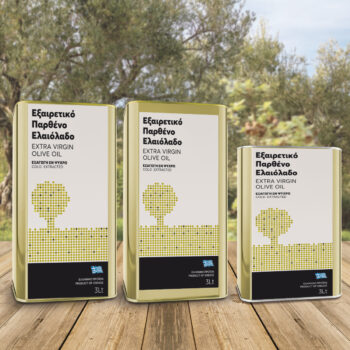 Αυτοκόλλητες ετικέτες για τρίλιτρα δοχεία ελαιολάδου, με αφαιρετικό σχέδιο ελιάς σε χρυσό.