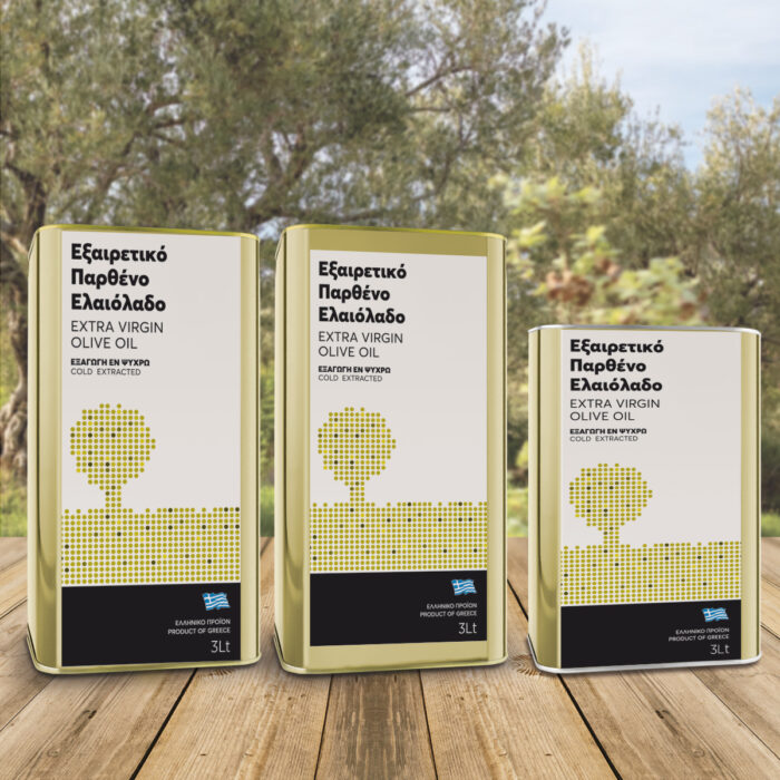 Αυτοκόλλητες ετικέτες για τρίλιτρα δοχεία ελαιολάδου, με αφαιρετικό σχέδιο ελιάς σε χρυσό.