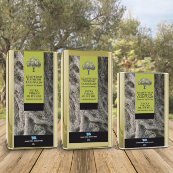 Αυτοκόλλητες ετικέτες για τρίλιτρα δοχεία ελαιολάδου, με φόντο ρίζα ελιάς.