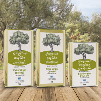 Ετικέτες για τρίλιτρα δοχεία ελαιολάδου με σχέδιο ενός μικρού δέντρου ελιάς στο κέντρο.