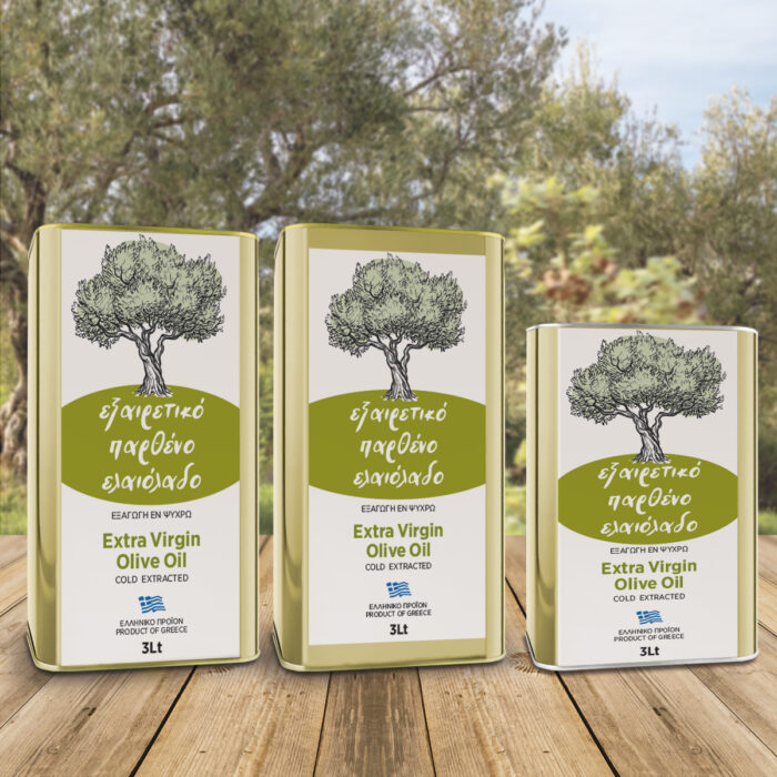 Ετικέτες για τρίλιτρα δοχεία ελαιολάδου με σχέδιο ενός μικρού δέντρου ελιάς στο κέντρο.
