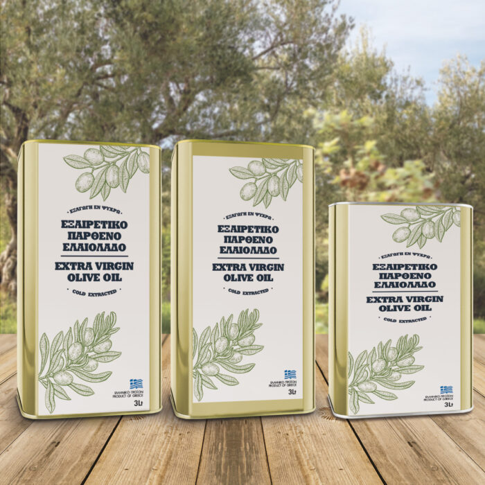 αυτοκόλλητες ετικέτες για δοχεία ελαιολάδου με πράσσινα γραμμικά φυλλαράκια ελίας