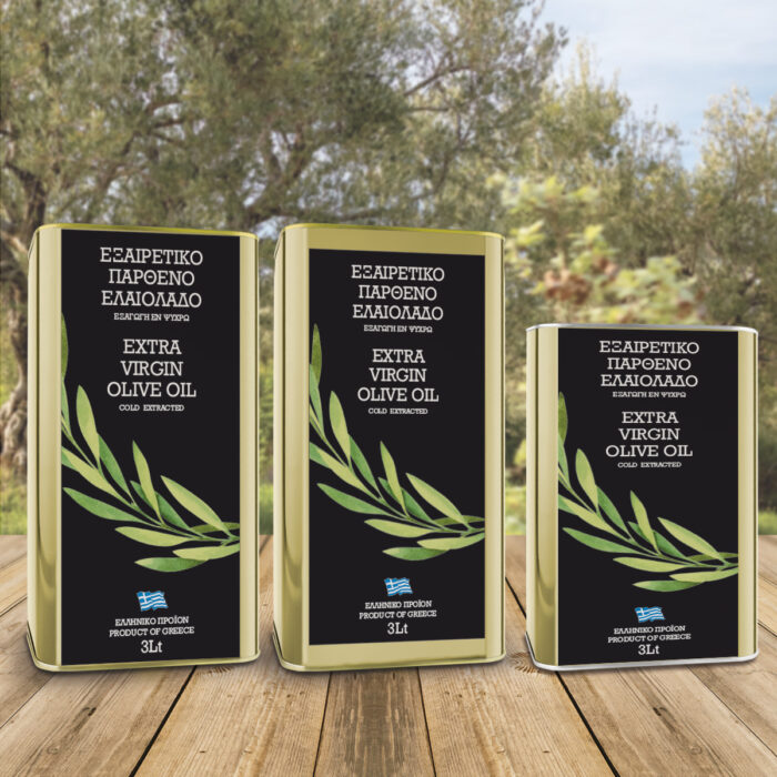 Ετικέτες εξαιρετικού παρθένου ελαιολάδου 3 λίτρων με έντονο πράσσινο κλαδί ελιάς για μεταλλικά δοχεία
