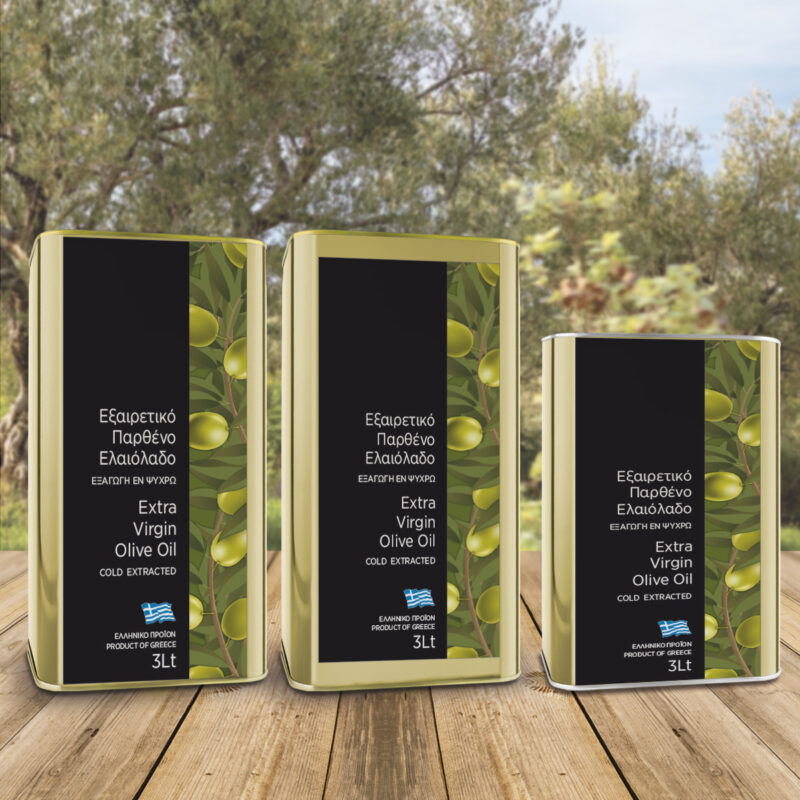 "Ετικέτες εξαιρετικού παρθένου ελαιολάδου 3 λίτρων με ελιές και μαύρο φόντο για μεταλλικά δοχεία"