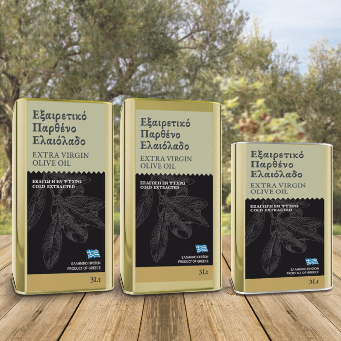 Ετικέτες για μεταλλικά δοχεία 3 λίτρων ελαιολάδου σε λαδί και μαύρο φόντο