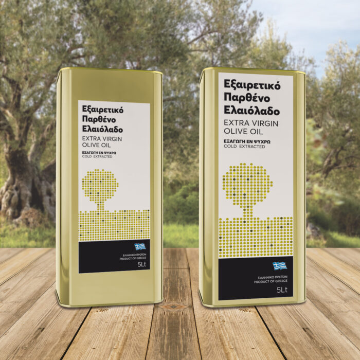 Αυτοκόλλητες ετικέτες για δοχεία 5L ελαιολάδου, με αφαιρετικό σχέδιο ελιάς σε χρυσό χρώμα.