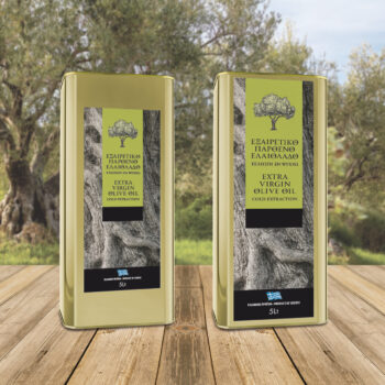 Αυτοκόλλητες ετικέτες για δοχεία 5 λίτρων ελαιολάδου, με φόντο ρίζα ελιάς.