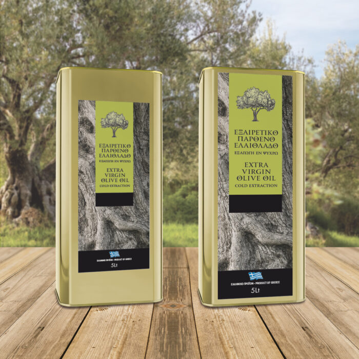 EVOO TIN CANS 5Lt Αυτοκόλλητες ετικέτες για δοχεία 5 λίτρων ελαιολάδου, με φόντο ρίζα ελιάς.