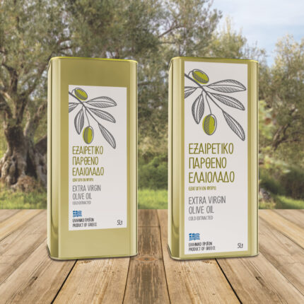 Αυτοκόλλητη ετικέτα για δοχείο 5L ελαιολάδου με καφέ κλαδάκι και φύλλα ελιάς
