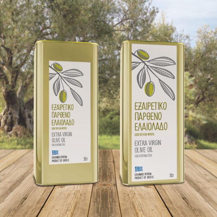 Αυτοκόλλητη ετικέτα για δοχείο 5L ελαιολάδου με καφέ κλαδάκι και φύλλα ελιάς