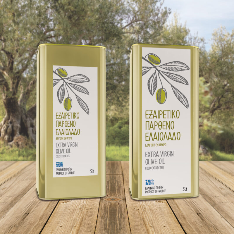 Αυτοκόλλητη ετικέτα για δοχείο 5L ελαιολάδου με καφέ κλαδάκι και φύλλα ελιάς