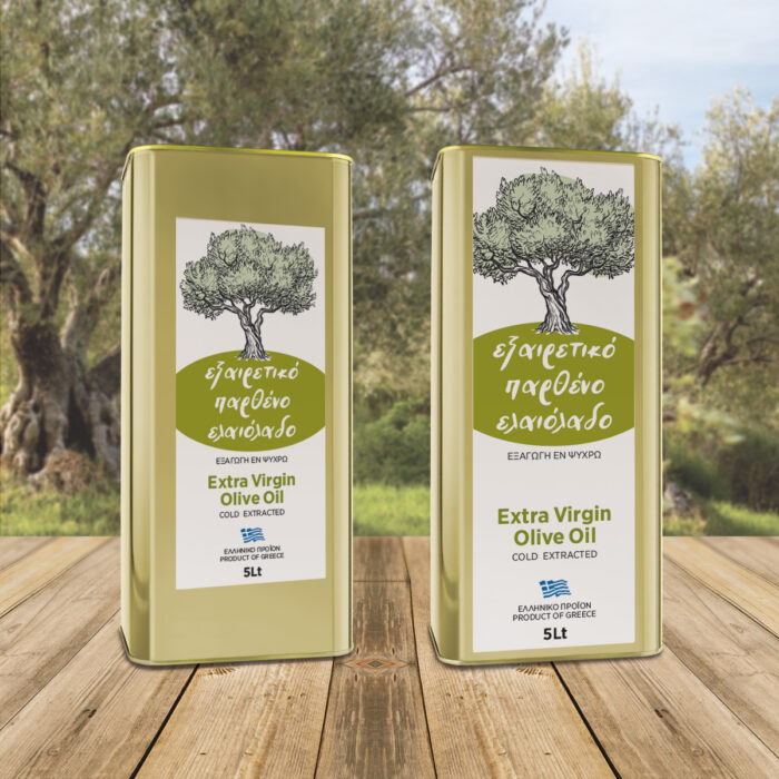 Ετικέτες ελαιολάδου για δοχεία 5 λίτρων με σχέδιο ελαιόδεντρο στο κέντρο.